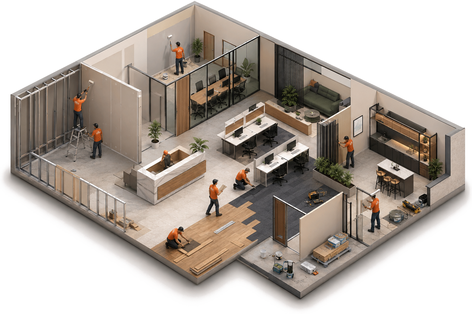Isometric illustration of a PickTheBrick crew fitting out an office